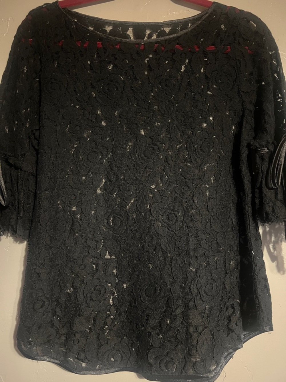 Women's Black Rose Lace Tie-Sleeve Top